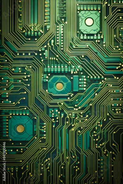Fototapeta Detailed close-up of a green circuit board showcasing pathways and electronic components highlighting modern technology and electronics