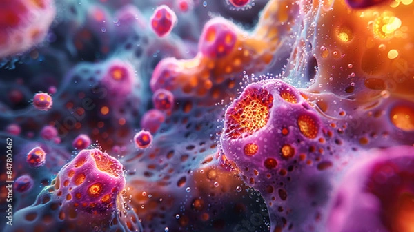 Fototapeta A vibrant 3D scene where cells of various shapes and colors pulsate in rhythm, resembling a microscopic symphony.