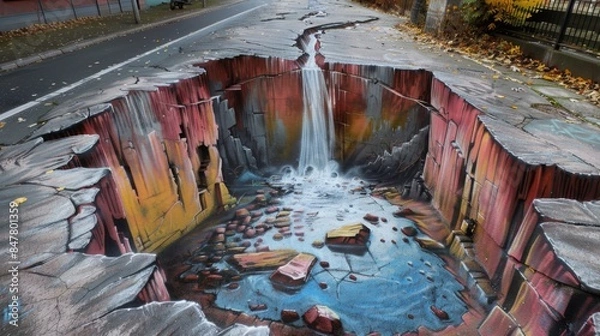 Obraz 3D street art mural on a sidewalk creates the illusion of a deep canyon with a waterfall.