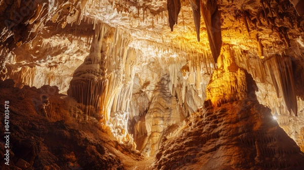 Fototapeta Stunning view of illuminated stalactites and stalagmites in a cave