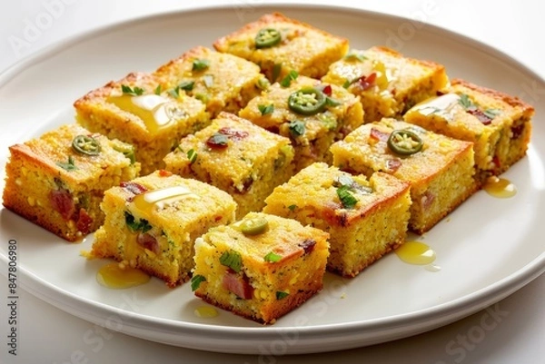 Fototapeta Scrumptious Bacon-Hominy Cornbread with Pickled Jalapenos