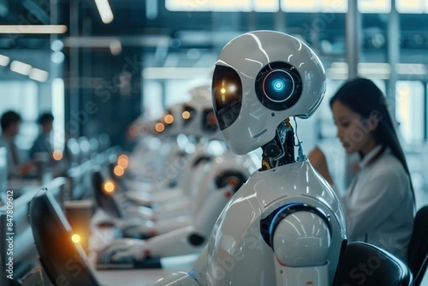 Fototapeta Futuristic Office With Robots and Human Workers