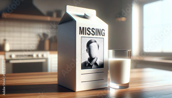 Fototapeta Milk carton with missing person notice on kitchen bench. Room for inserting face.