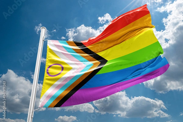 Obraz Intersex-inclusive redesign of the Progress Pride Flag, LGBTIQA+ ,LGBTIQA+' is an evolving acronym that stands for lesbian, gay, bisexual, transgender,