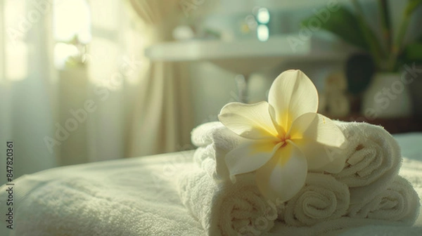 Fototapeta White flower on stack of towels in bright hotel room