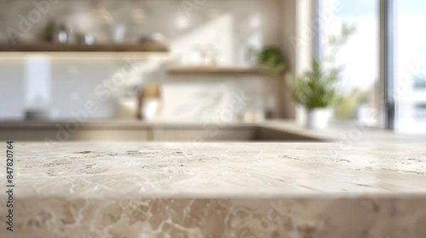 Fototapeta A beige marble countertop in the foreground with a modern kitchen and dining area blurred in the background for product presentation