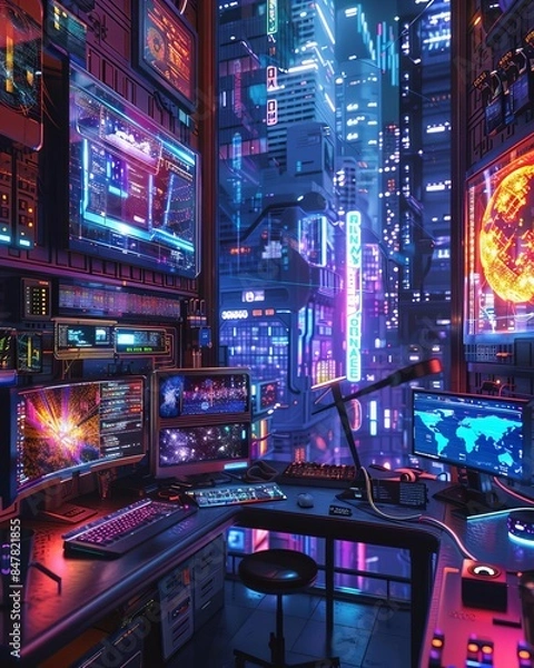 Fototapeta Futuristic workstation with multiple screens in a neon-lit city, showcasing a cyberpunk aesthetic and advanced technology.