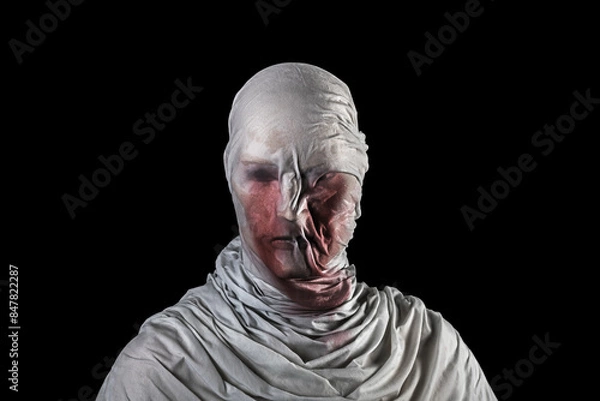 Fototapeta Portrait of a scary ghost in blood isolated on black background with clipping path