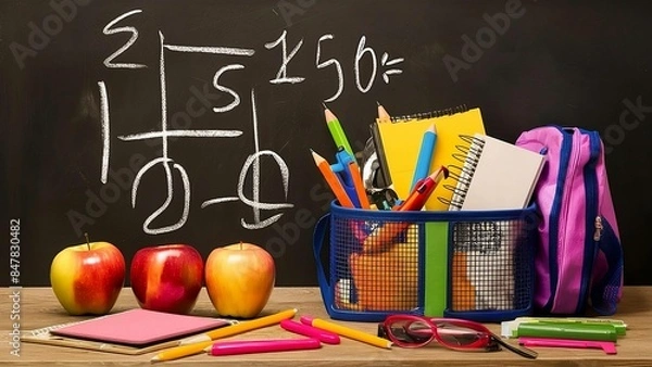 Fototapeta School supplies and backpacks neatly arranged on a table with a chalkboard in the background