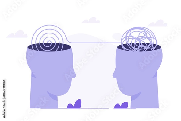 Fototapeta Head clearing, decoding and understanding problem, clear messy anxiety. Vector illustration.
