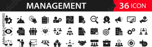 Obraz Business Management set of web icons. Management icons for web and mobile app. Media, teamwork, vision, mission, business, planning, strategy, marketing. Solid vector icons collection