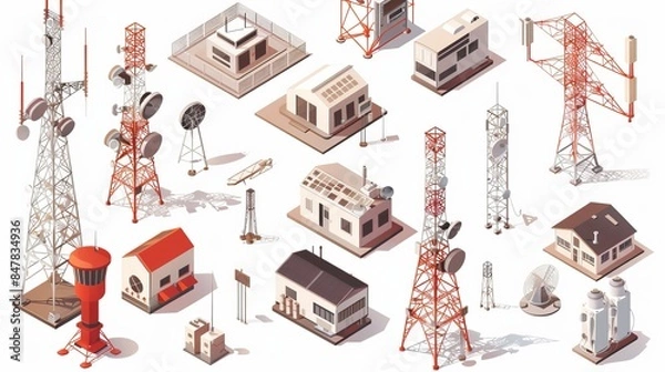 Fototapeta A 3D isometric flat vector set featuring various telecom towers and radio communication structures