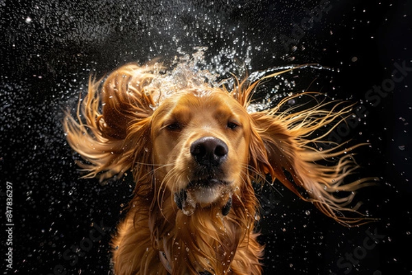 Fototapeta Funny wet dog on a black background after bathing. Drops of water fly in all directions.