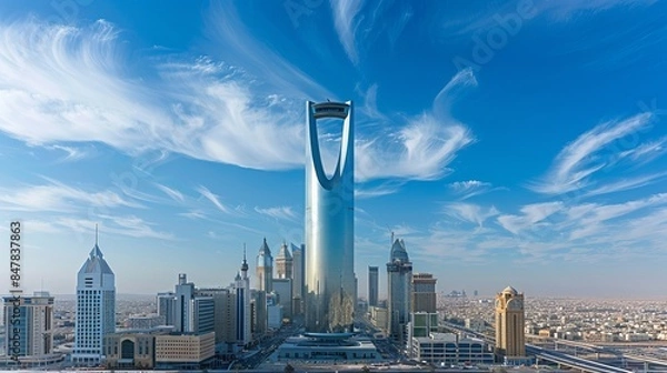 Fototapeta Daytime landscapes of the Kingdom of Saudi Arabia, highlighting the Riyadh Tower (Kingdom Tower) and the Riyadh skyline during the day