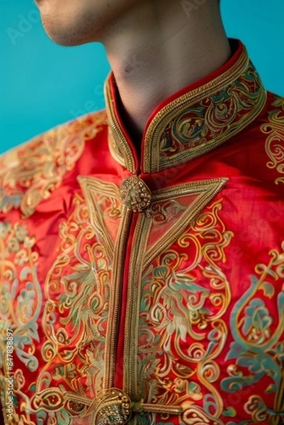 Fototapeta Close-up of a person wearing a traditional, elaborately embroidered red and gold outfit with intricate designs against a blue background.
