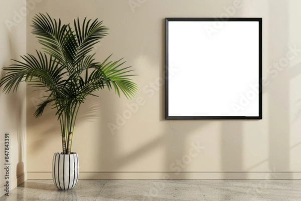 Fototapeta Minimalist Interior Mock-up with Empty Frame and Potted Plant