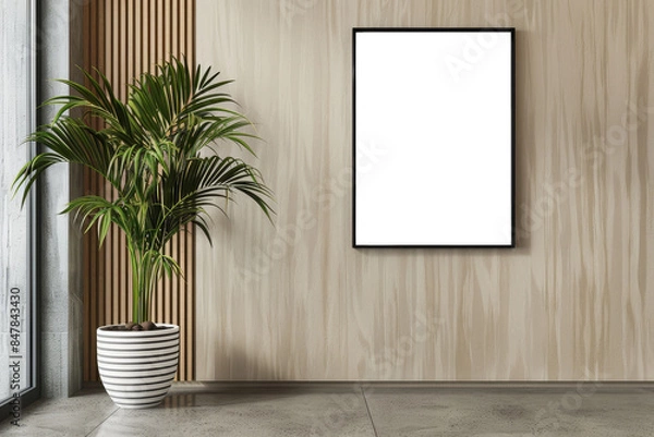 Fototapeta Minimalist Interior Mock-up with Empty Frame and Potted Plant