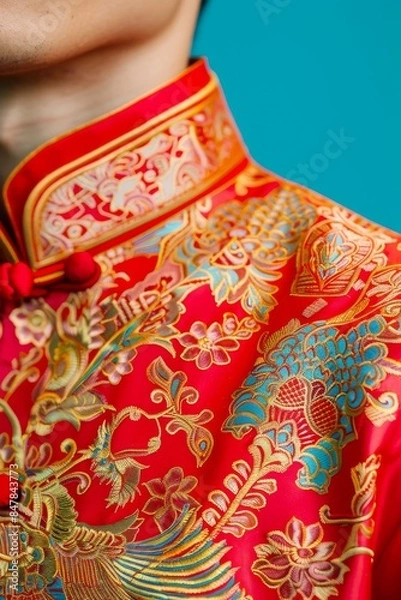 Fototapeta Close-up of a vibrant red traditional Chinese garment adorned with intricate gold embroidery, showcasing cultural elegance and craftsmanship.