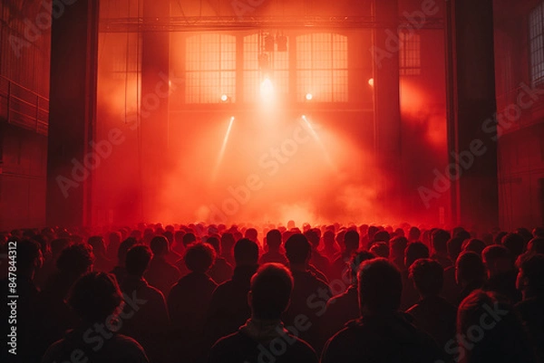 Fototapeta people of ai // concert in a large old industrial warehouse, red lights, foggy, overhead view, urban, rave, technoparty, nightlife, photorealistic // ai-generated 