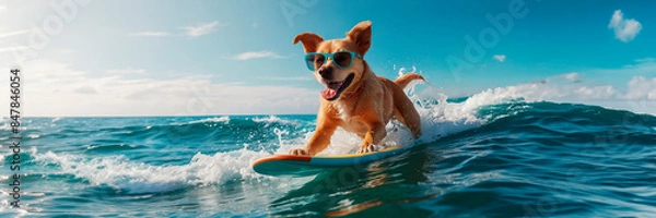 Fototapeta Dog in sunglasses riding the waves, surfing on a board, summer vacation concept, template, copy space.