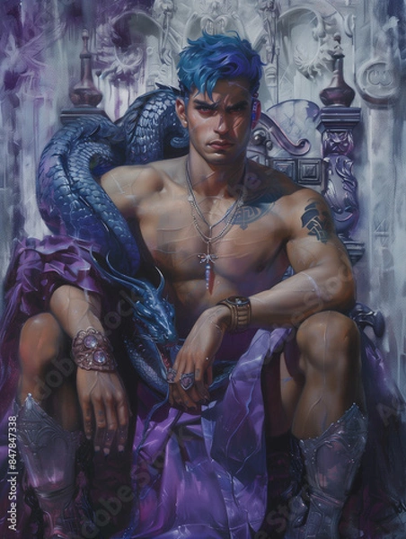 Fototapeta portrait of a person with a mythic serpent - fantasy illustration - generative ai