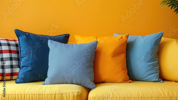 Fototapeta Fashionably soft pillows on yellow background, vibrant display, stylish textures