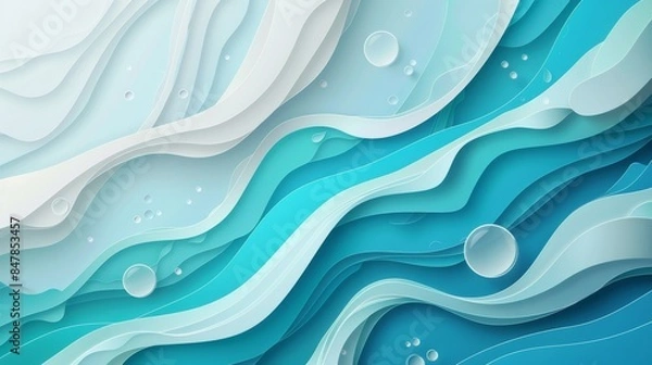 Fototapeta Abstract background with waves and bubbles in shades of teal and white.