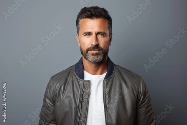 Fototapeta Portrait of a glad man in his 40s wearing a trendy bomber jacket isolated in minimalist or empty room background