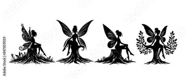 Obraz Beautiful sitting fairy side view silhouette black filled vector Illustration icon
