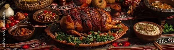 Obraz A dramatic capture of a roasted guinea pig on a festive table, surrounded by traditional Andean decorations and side dishes, emphasizing the cultural significance of the meal