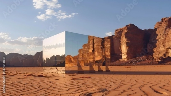 Fototapeta Maraya, located in AlUla, Saudi Arabia, is a mirrored building set in the middle of the desert.