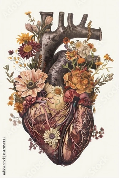 Fototapeta an anatomical heart with various flowers and leaves on white background