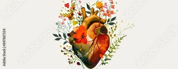 Fototapeta an anatomical heart with various flowers and leaves on white background