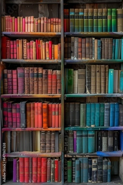 Fototapeta A bookshelf filled with books in a rainbow of colors