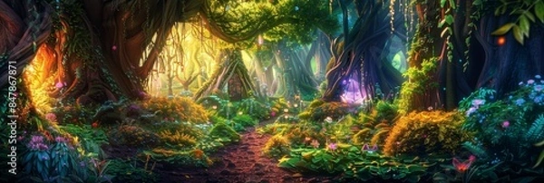 Obraz A fantasy forest with giant trees covered with glowing lights and flower meadow with path