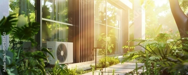 Obraz modern home air source heat pump against the backdrop of a building with plants