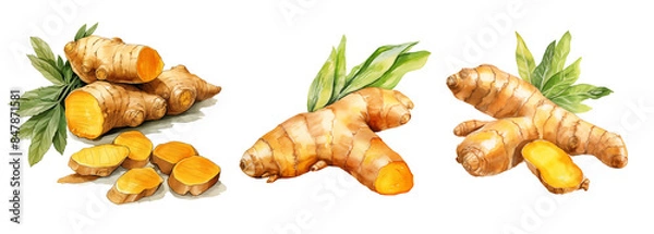 Fototapeta  set clipart turmeric root watercolor illustration on transparent background