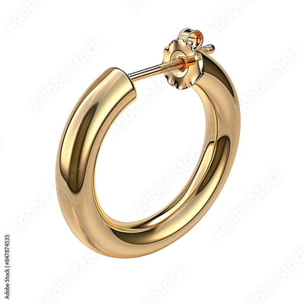 Fototapeta Close-up of a shiny golden hoop earring, simple and elegant, isolated on a white background. Perfect for jewelry and fashion use.
