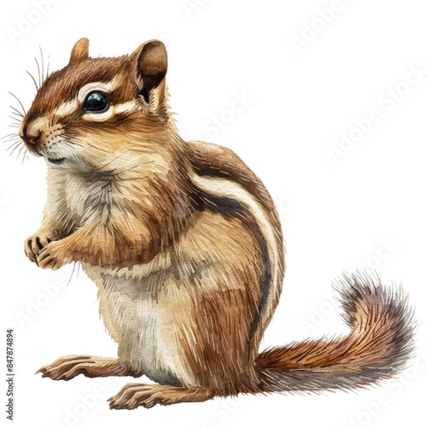 Fototapeta Illustration of a cute chipmunk standing on its hind legs. Detailed fur texture and lifelike appearance make it perfect for nature-themed projects.