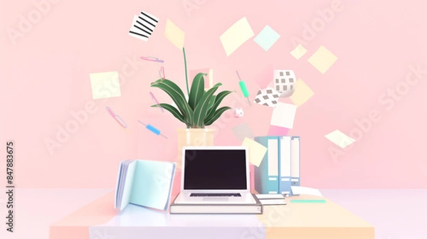 Fototapeta 3D illustration of a desk setup with a laptop, books, and a potted plant