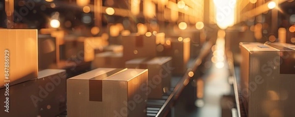 Fototapeta Boxes products on industry belt. Factrory package banner. Generative Ai.