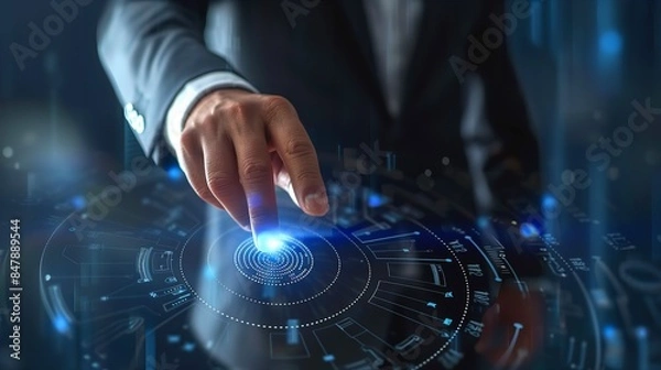 Obraz バーチャルな画面をタッチするビジネスマンの手