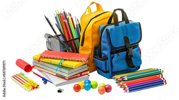 Obraz School supplies with books isolated on transparent background