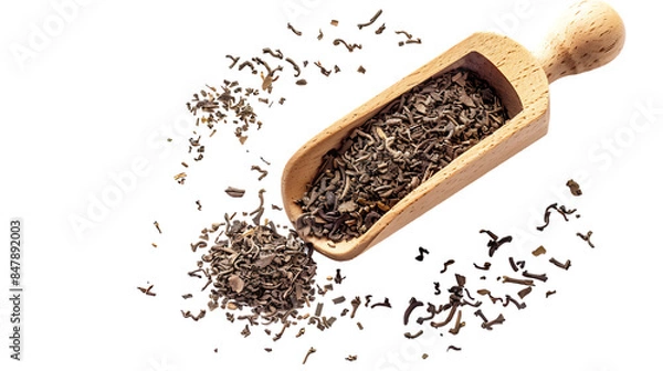 Obraz Scoop with dry hojicha green tea isolated on transparent background