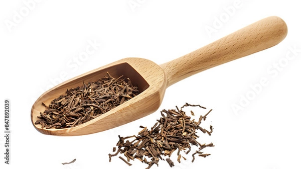 Obraz Scoop with dry hojicha green tea isolated on transparent background