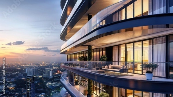 Fototapeta high-rise residential building with a modern design and large balconies offering city views