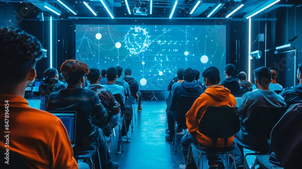 Obraz a group of developers sitting in the lecture room, some of them are with laptops, watching the teacher explaining some blockchain concept