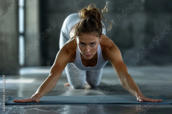 Fototapeta Woman Practicing Warrior Pose in Bright, Sunlit Room, Emphasizing Strength, Balance, and Flexibility Through Yoga for Physical and Mental Wellbeing
