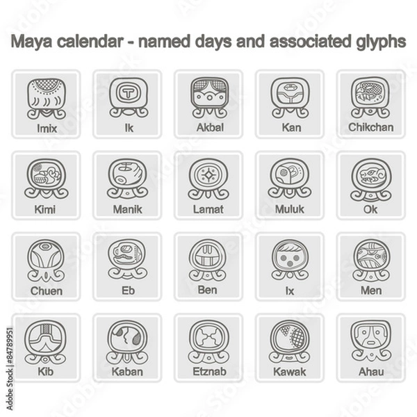 Fototapeta icons with  Maya calendar named days and associated glyphs