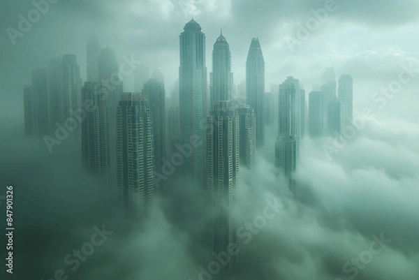 Fototapeta cityscape in the clouds, futuristic skyscrapers in aerial view, misty and foggy, photorealistic // ai-generated 